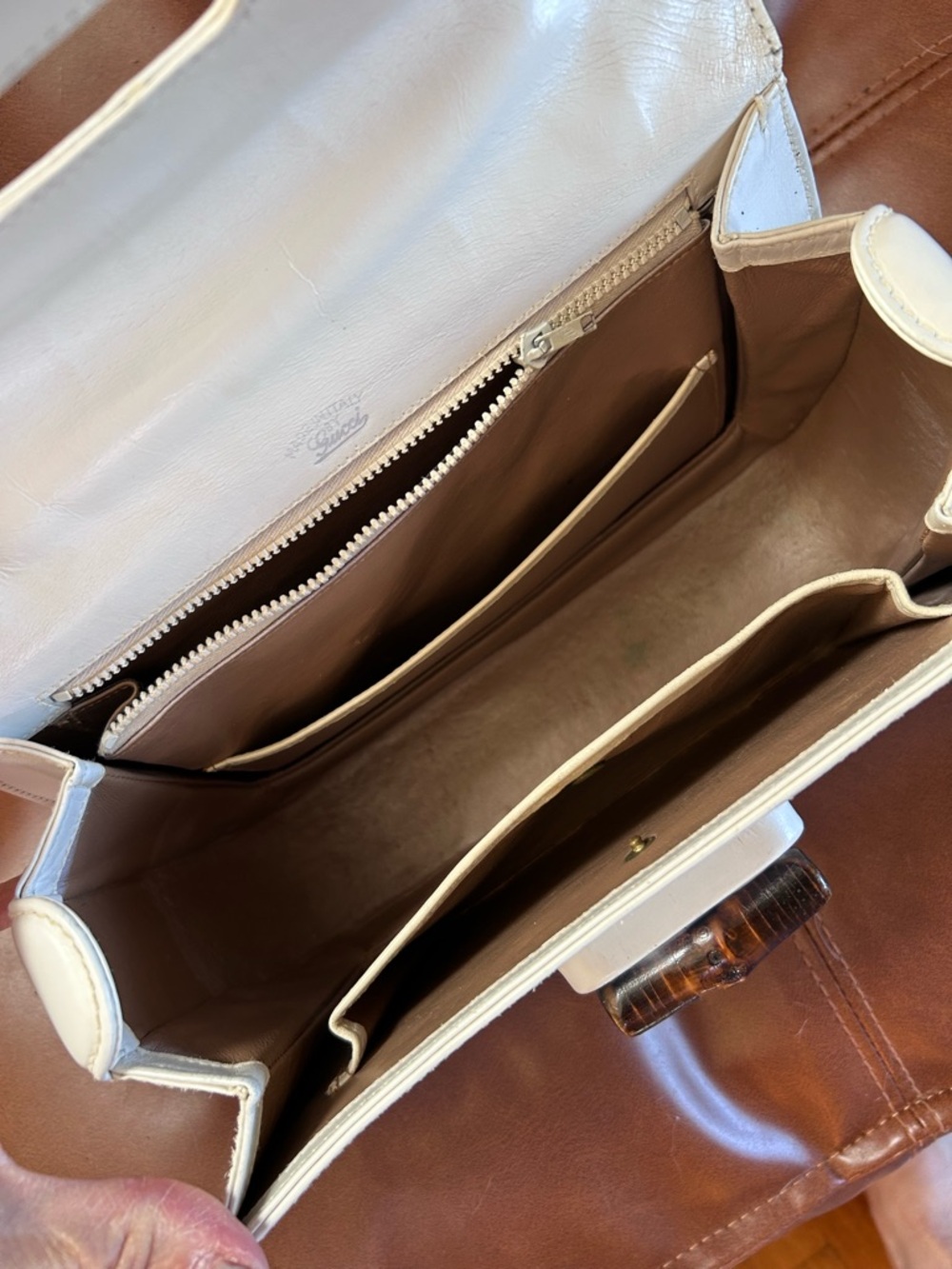 White Leather Bamboo-Handle Top-Handle Purse - Picture 11 of 13